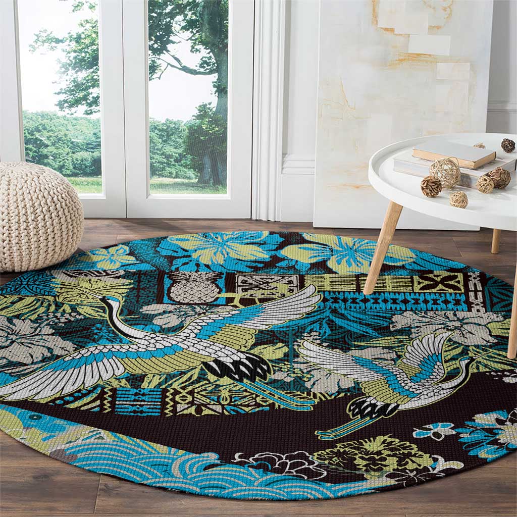 Japanese Hawaiian Crane Round Carpet Blue Tapa Patchwork Pattern