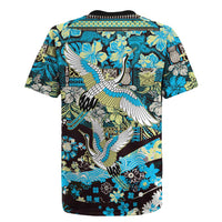 Japanese Hawaiian Crane Rugby Jersey Blue Tapa Patchwork Pattern