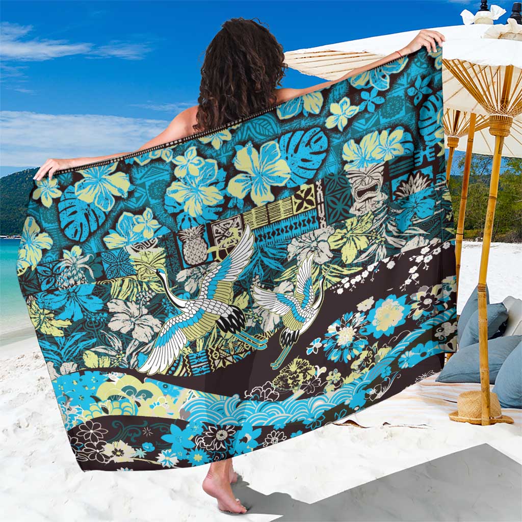 Japanese Hawaiian Crane Sarong Blue Tapa Patchwork Pattern