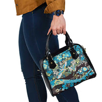 Japanese Hawaiian Crane Shoulder Handbag Blue Tapa Patchwork Pattern