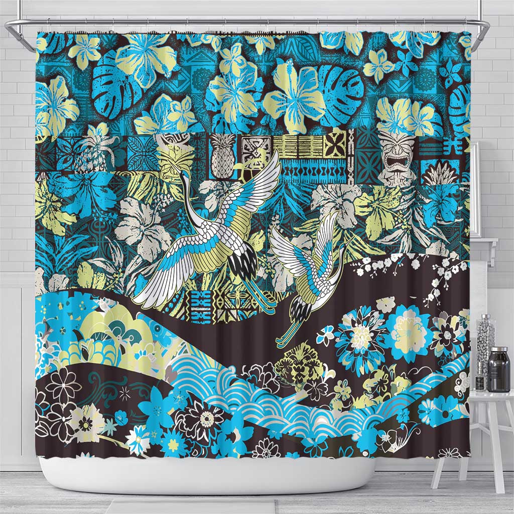 Japanese Hawaiian Crane Shower Curtain Blue Tapa Patchwork Pattern