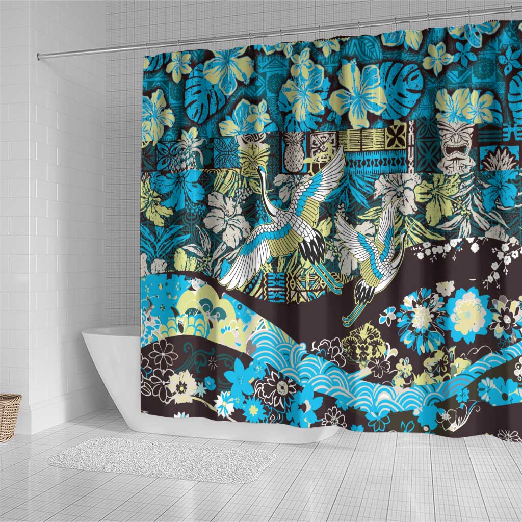 Japanese Hawaiian Crane Shower Curtain Blue Tapa Patchwork Pattern