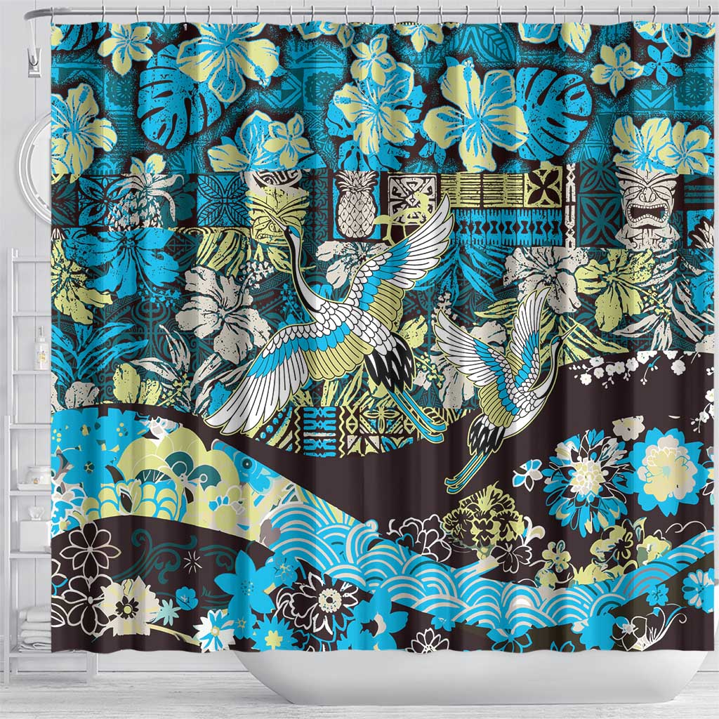 Japanese Hawaiian Crane Shower Curtain Blue Tapa Patchwork Pattern