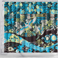 Japanese Hawaiian Crane Shower Curtain Blue Tapa Patchwork Pattern