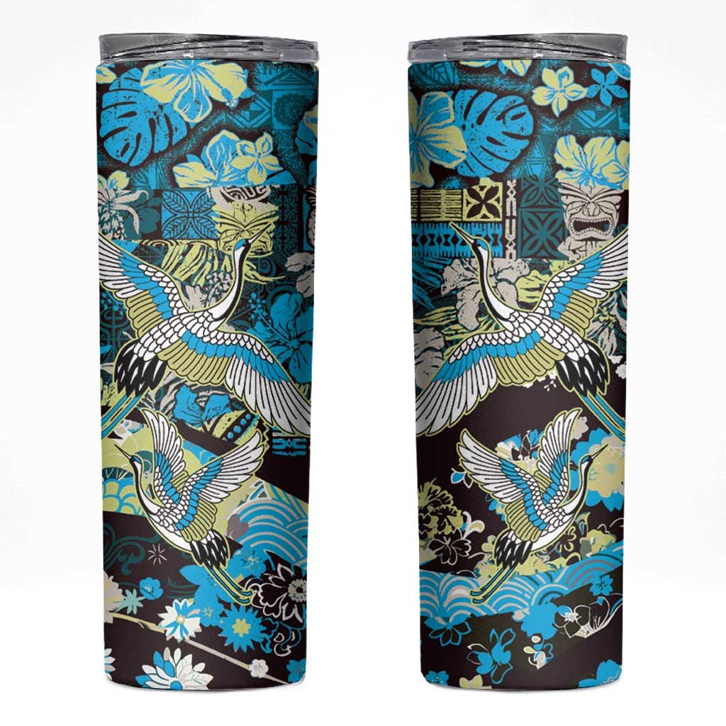 Japanese Hawaiian Crane Skinny Tumbler Blue Tapa Patchwork Pattern