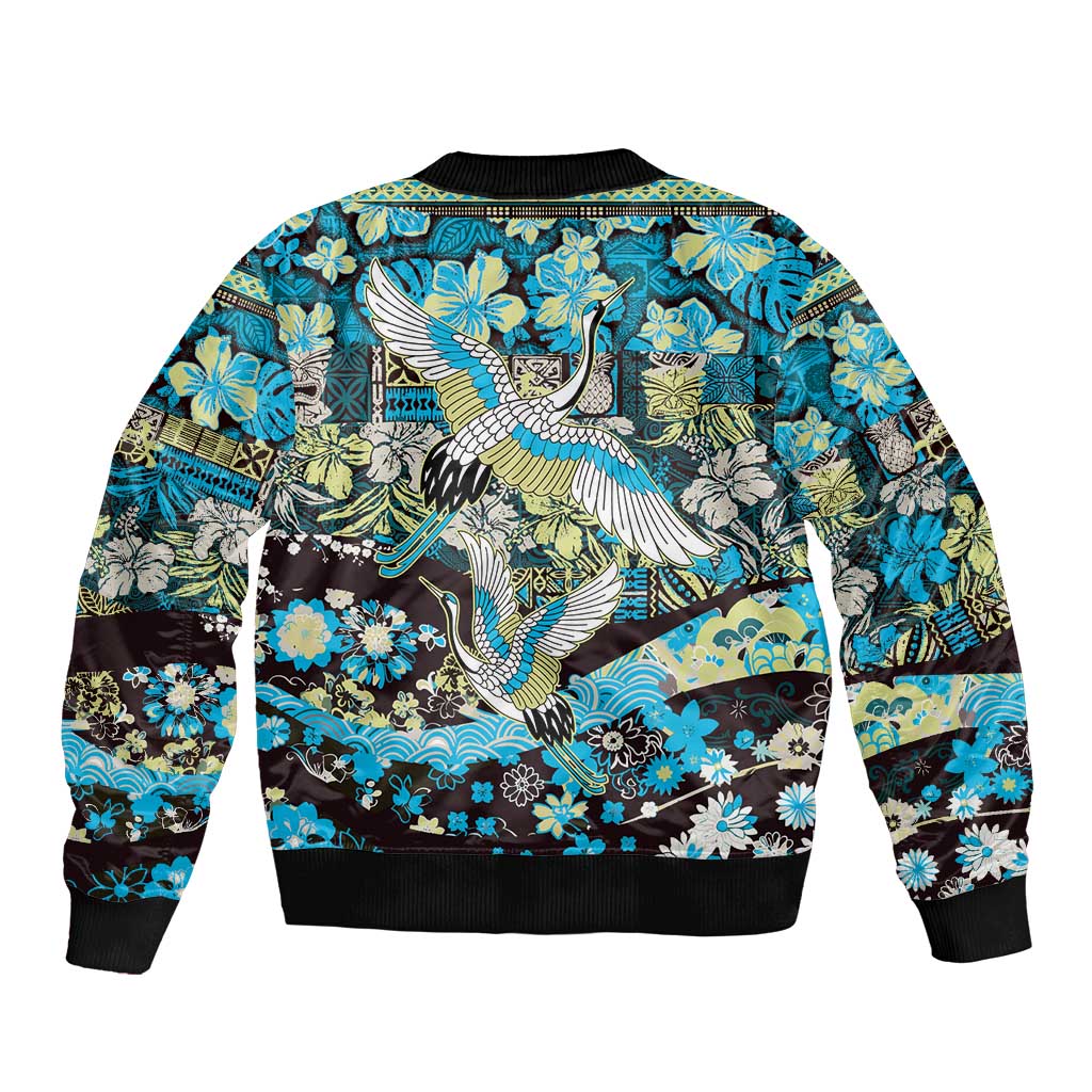 Japanese Hawaiian Crane Sleeve Zip Bomber Jacket Blue Tapa Patchwork Pattern