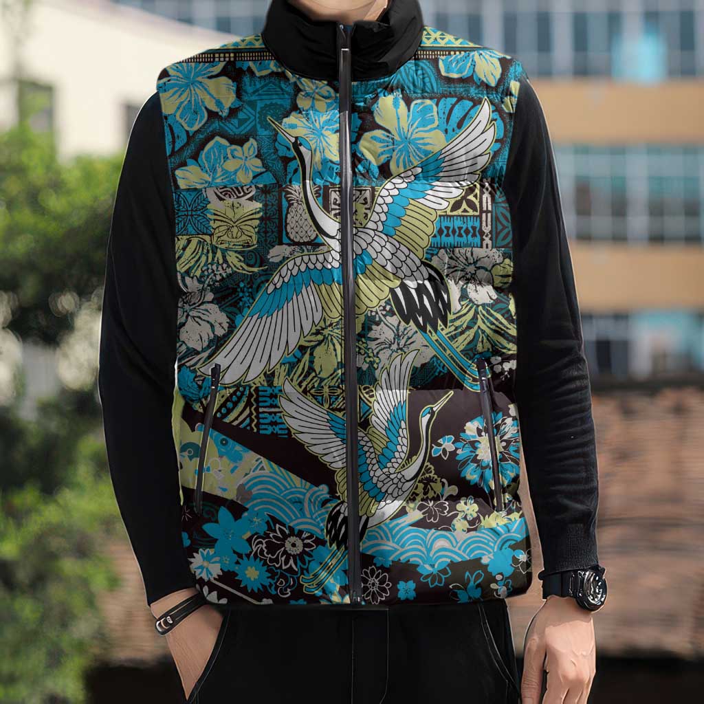 Japanese Hawaiian Crane Sleeveless Puffer Jacket Blue Tapa Patchwork Pattern