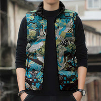 Japanese Hawaiian Crane Sleeveless Puffer Jacket Blue Tapa Patchwork Pattern
