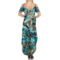 Japanese Hawaiian Crane Summer Maxi Dress Blue Tapa Patchwork Pattern