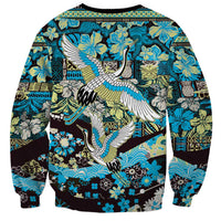 Japanese Hawaiian Crane Sweatshirt Blue Tapa Patchwork Pattern