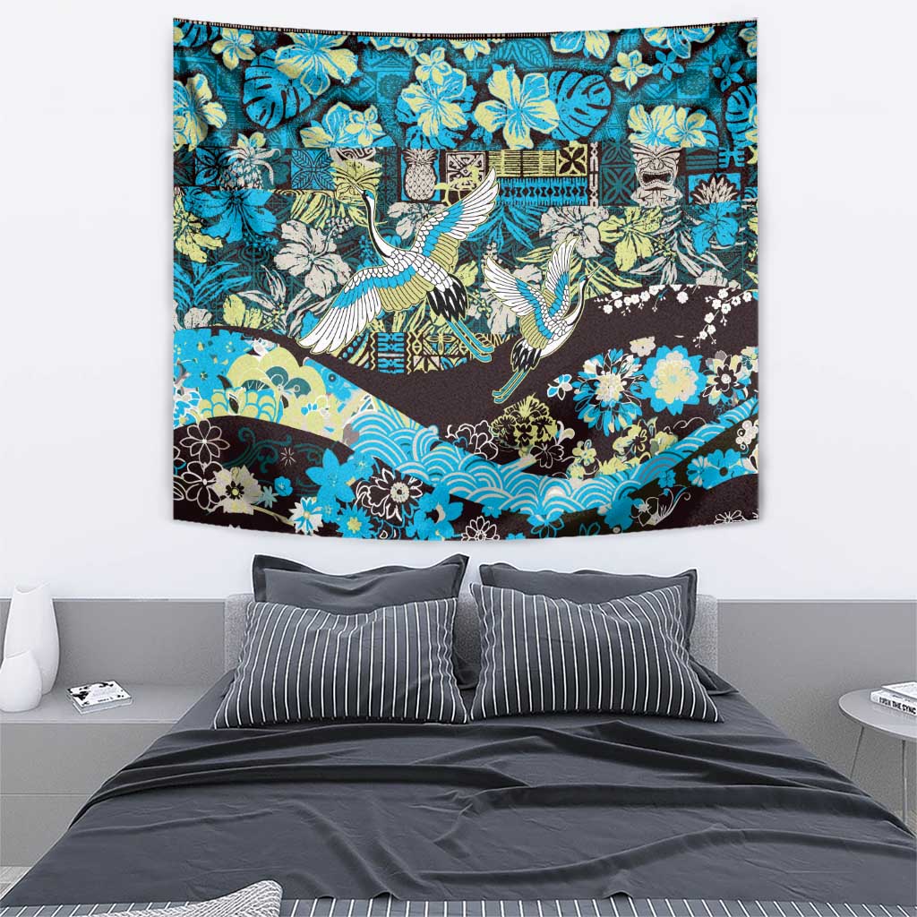 Japanese Hawaiian Crane Tapestry Blue Tapa Patchwork Pattern