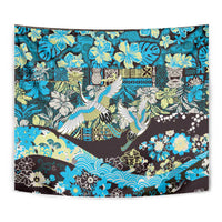 Japanese Hawaiian Crane Tapestry Blue Tapa Patchwork Pattern