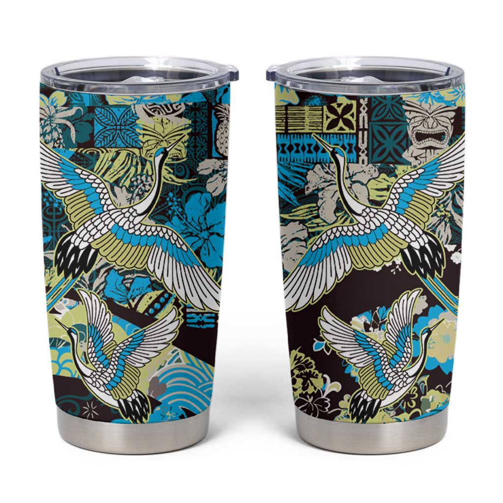 Japanese Hawaiian Crane Tumbler Cup Blue Tapa Patchwork Pattern