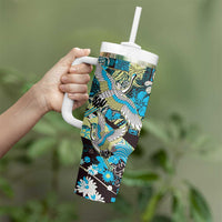 Japanese Hawaiian Crane Tumbler With Handle Blue Tapa Patchwork Pattern
