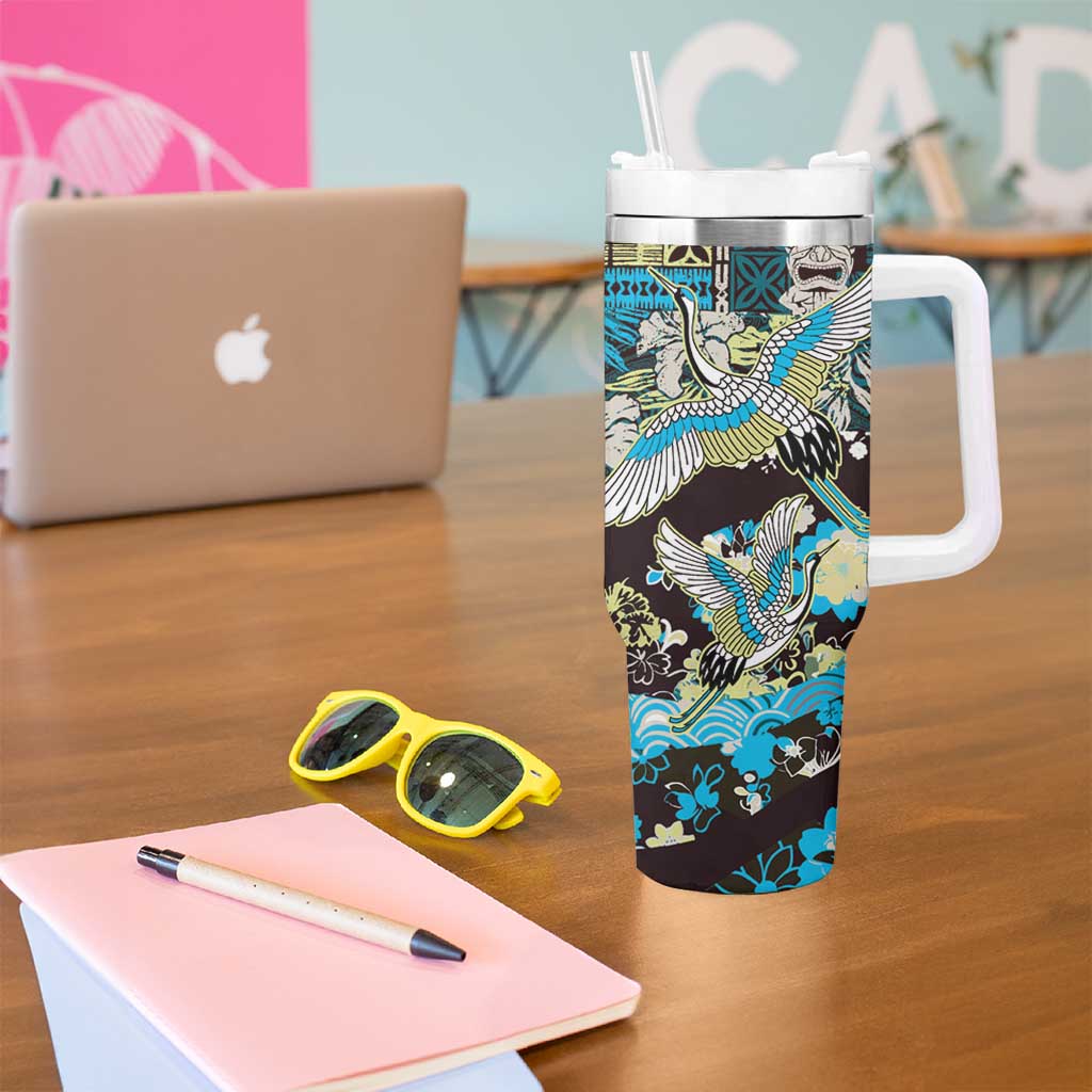 Japanese Hawaiian Crane Tumbler With Handle Blue Tapa Patchwork Pattern