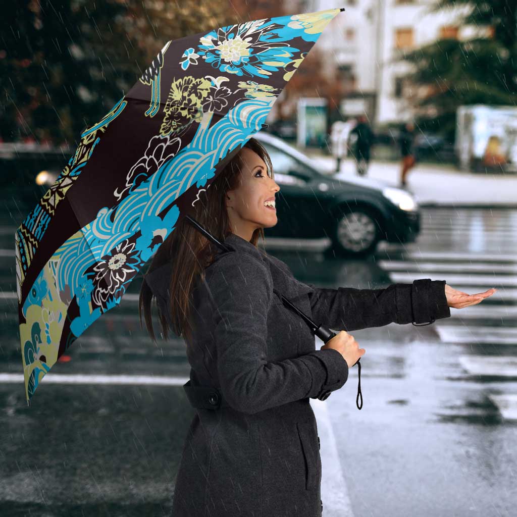 Japanese Hawaiian Crane Umbrella Blue Tapa Patchwork Pattern