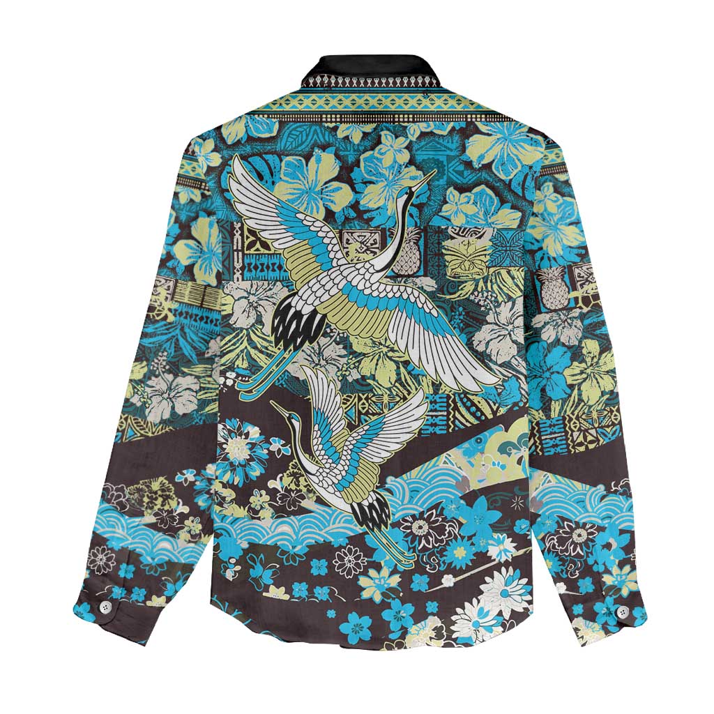 Japanese Hawaiian Crane Women Casual Shirt Blue Tapa Patchwork Pattern