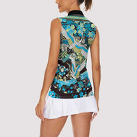 Japanese Hawaiian Crane Women Sleeveless Polo Shirt Blue Tapa Patchwork Pattern