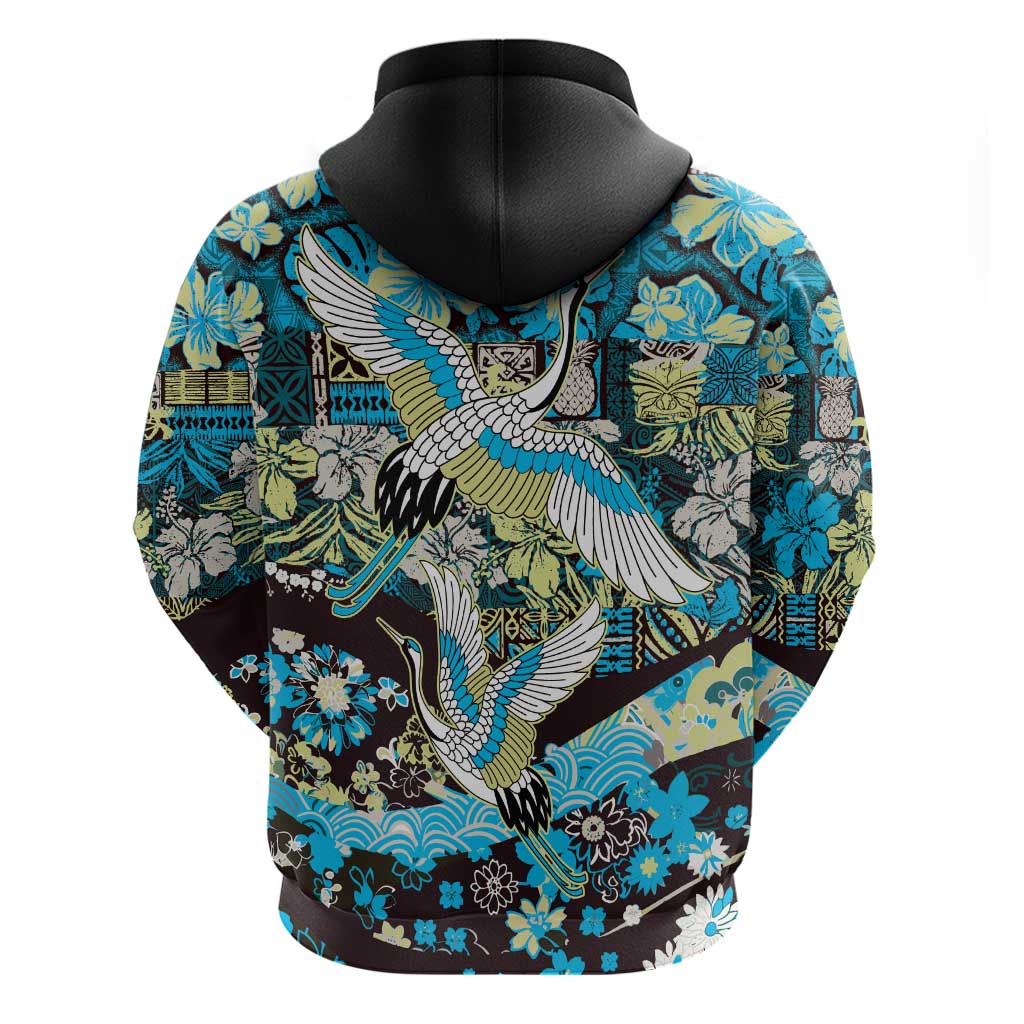 Japanese Hawaiian Crane Zip Hoodie Blue Tapa Patchwork Pattern