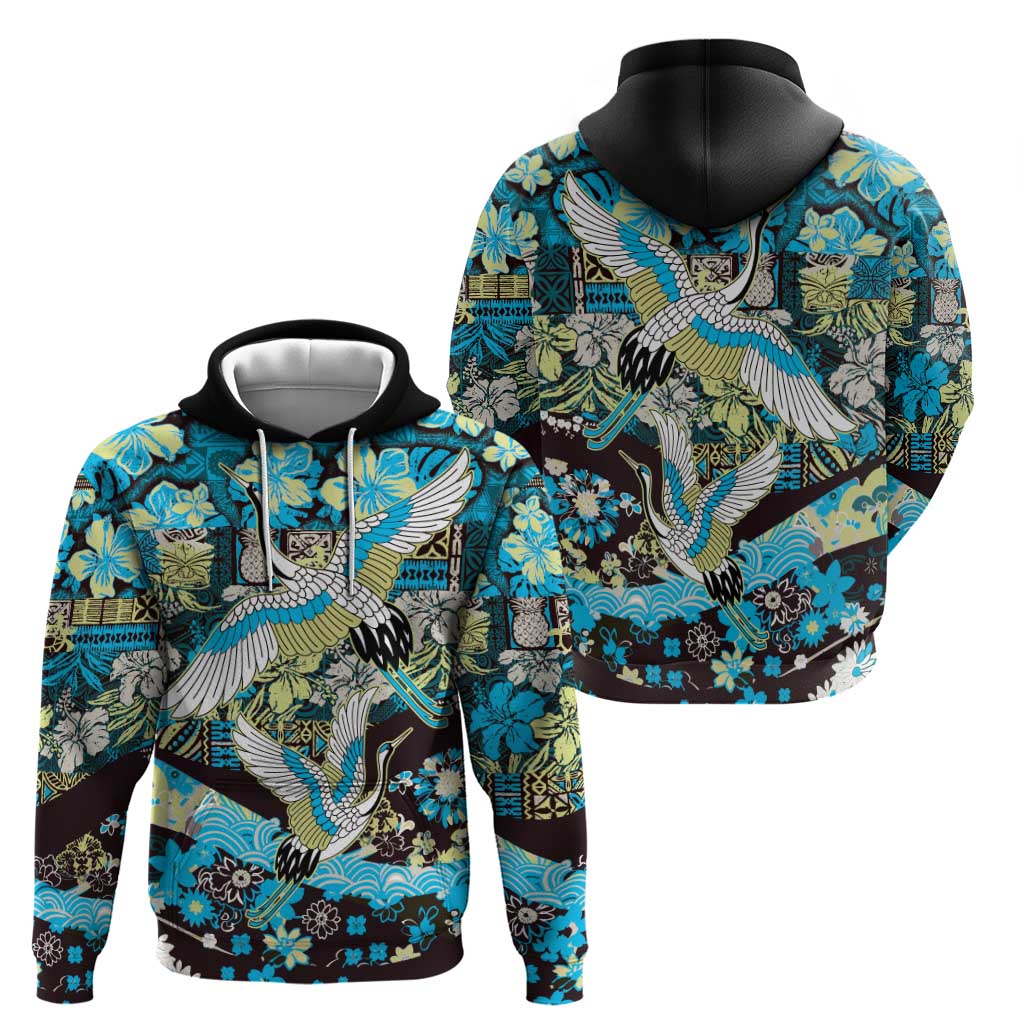 Japanese Hawaiian Crane Zip Hoodie Blue Tapa Patchwork Pattern