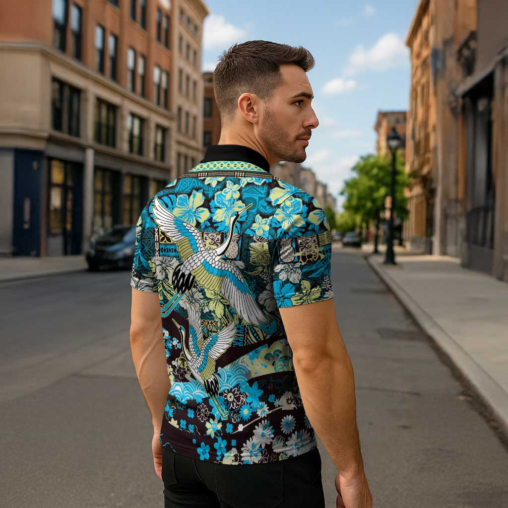 Japanese Hawaiian Crane Zipper Polo Shirt Blue Tapa Patchwork Pattern