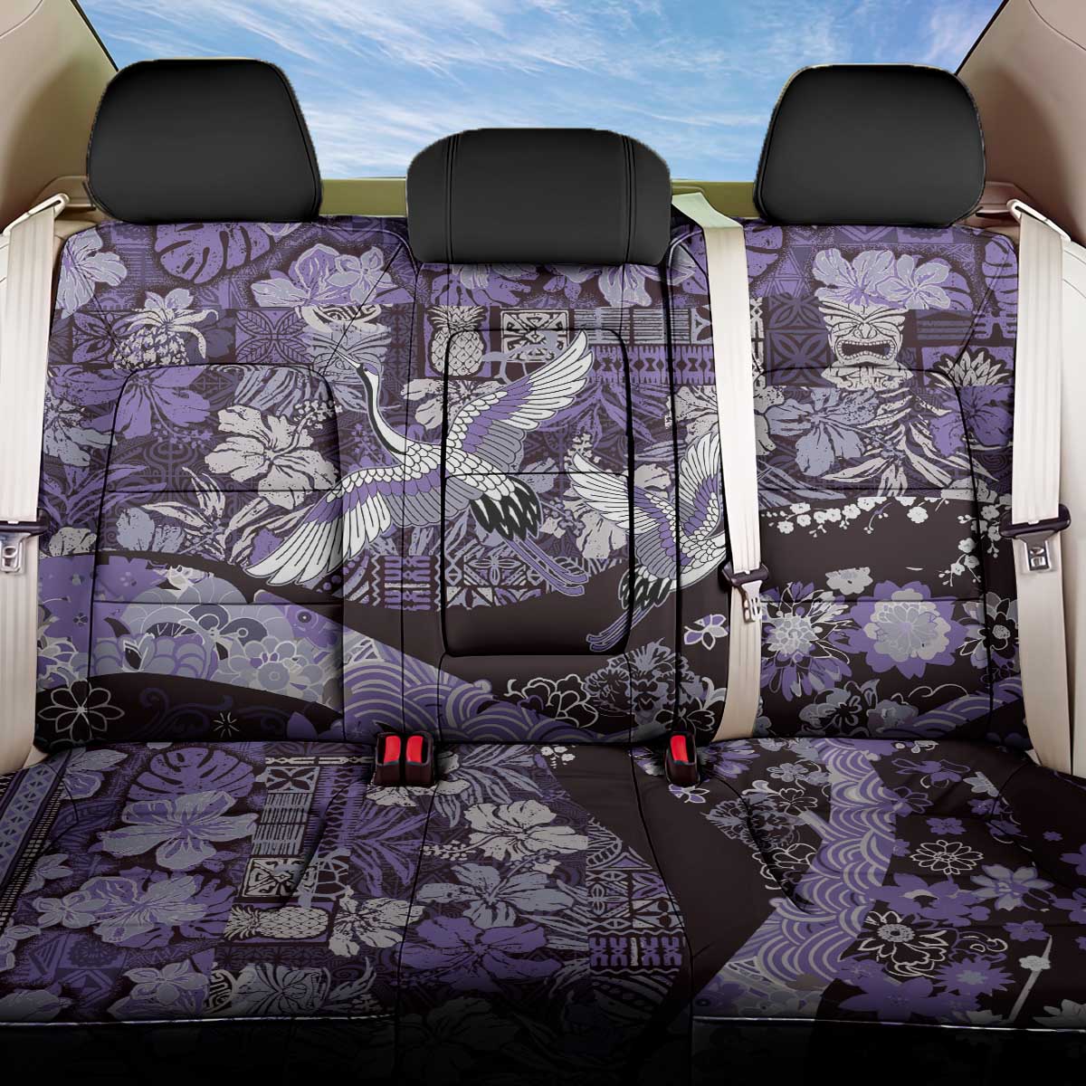 Japanese Hawaiian Crane Back Car Seat Cover Purple Tapa Patchwork Pattern