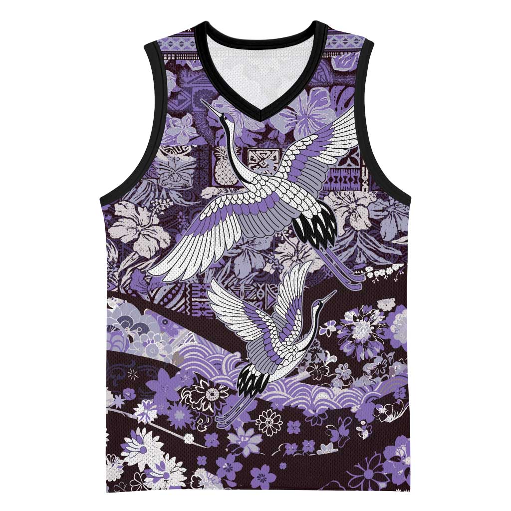 Japanese Hawaiian Crane Basketball Jersey Purple Tapa Patchwork Pattern