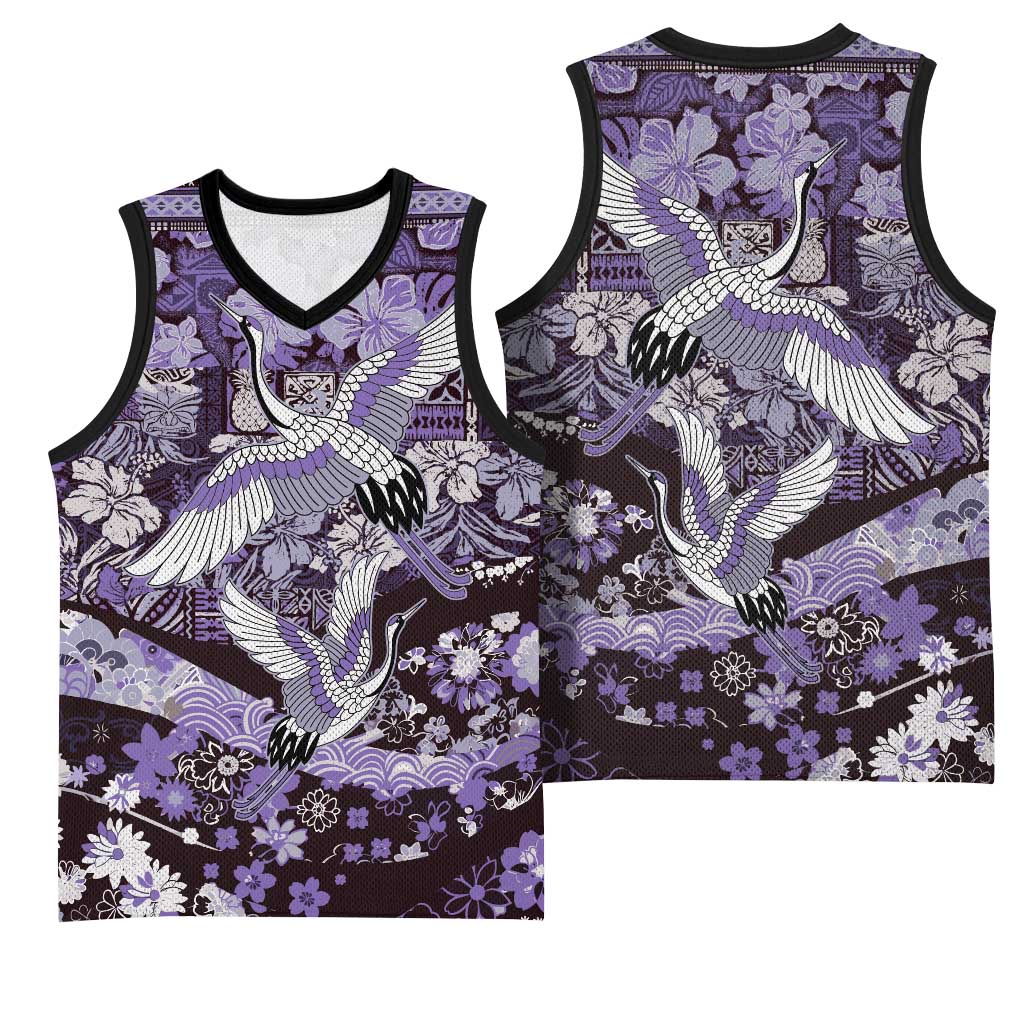 Japanese Hawaiian Crane Basketball Jersey Purple Tapa Patchwork Pattern