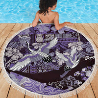 Japanese Hawaiian Crane Beach Blanket Purple Tapa Patchwork Pattern