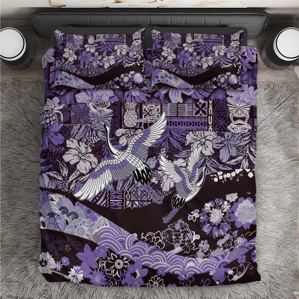 Japanese Hawaiian Crane Bedding Set Purple Tapa Patchwork Pattern