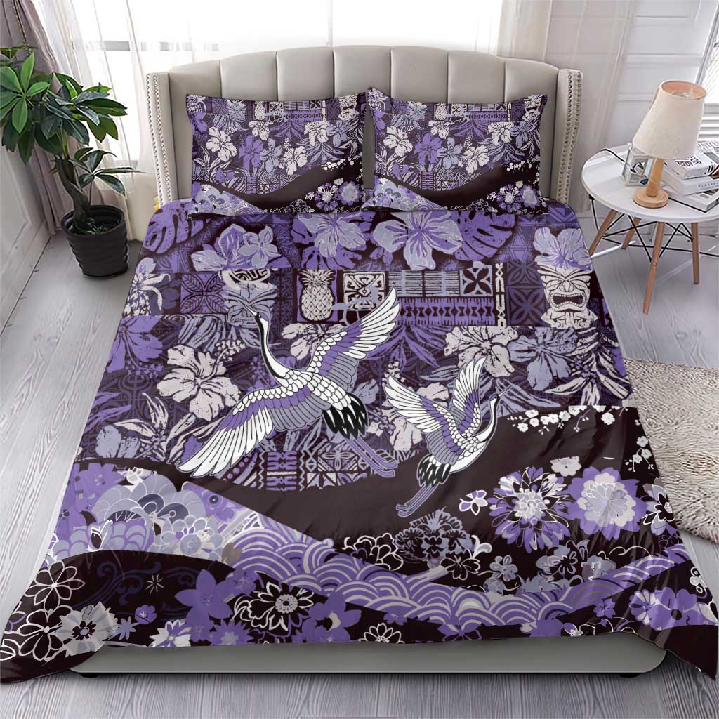 Japanese Hawaiian Crane Bedding Set Purple Tapa Patchwork Pattern