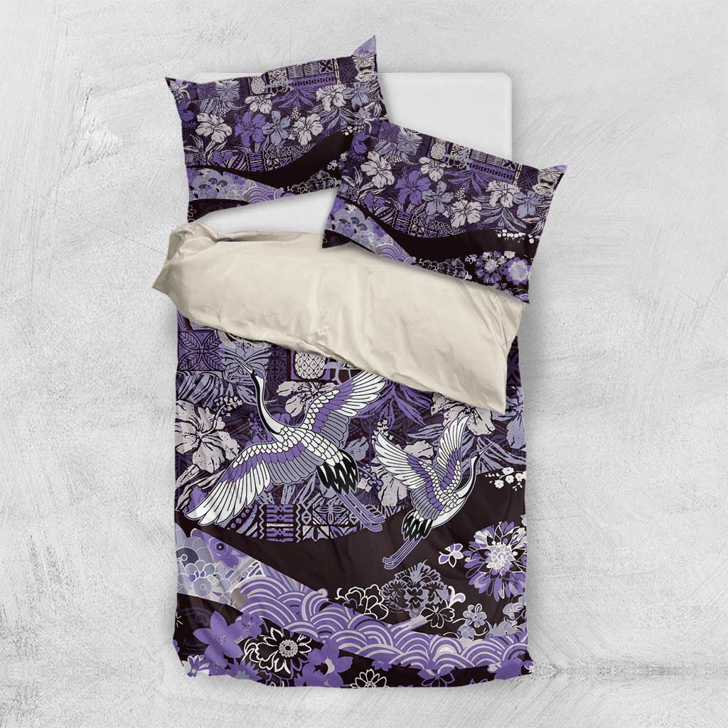 Japanese Hawaiian Crane Bedding Set Purple Tapa Patchwork Pattern