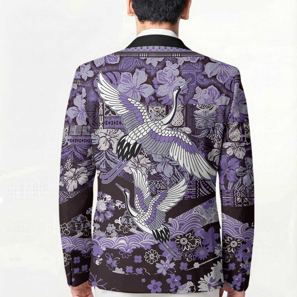 Japanese Hawaiian Crane Blazer Purple Tapa Patchwork Pattern