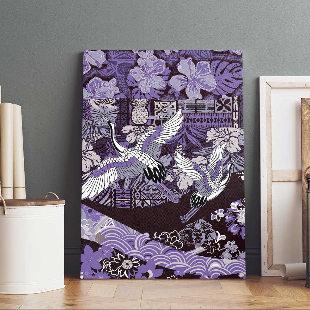 Japanese Hawaiian Crane Canvas Wall Art Purple Tapa Patchwork Pattern