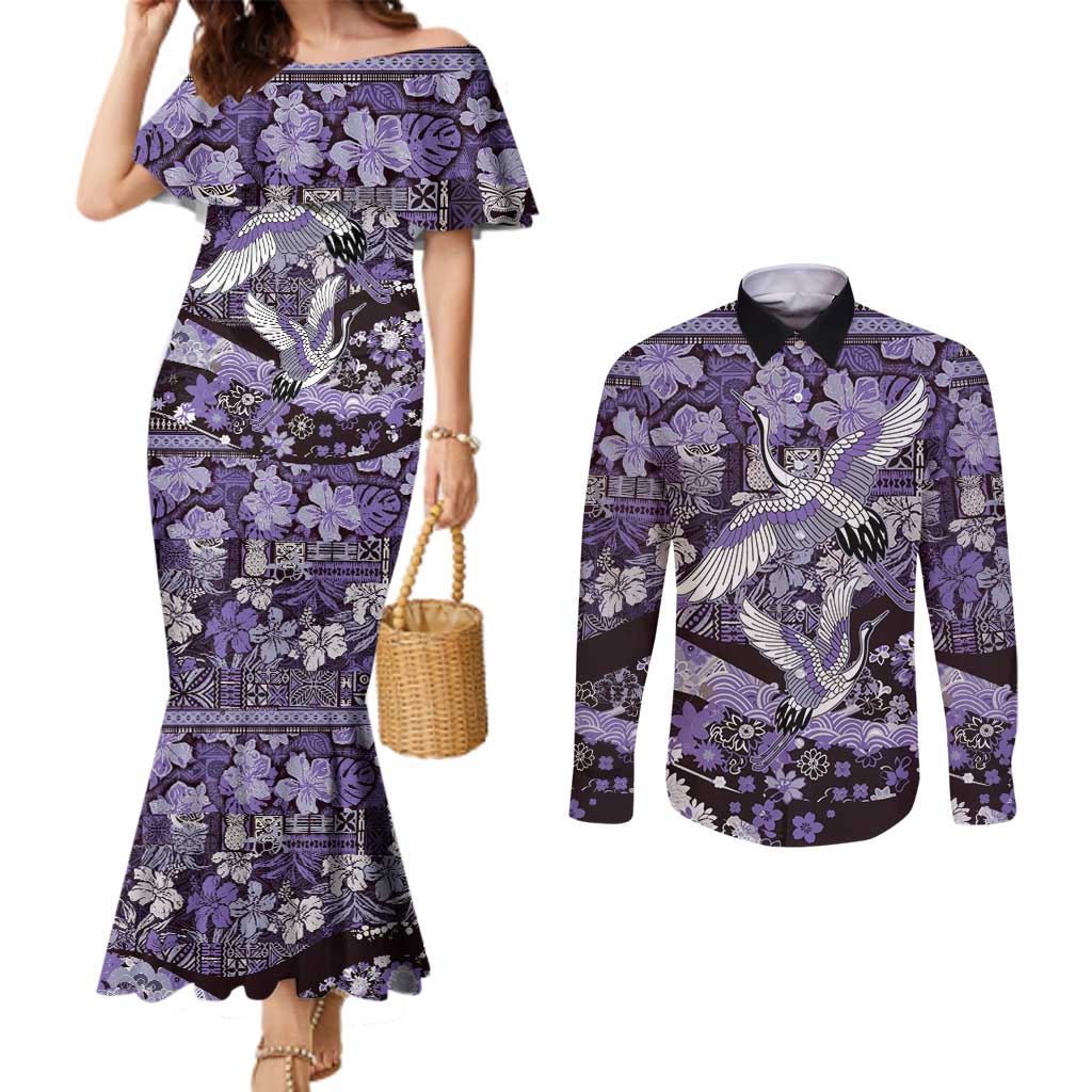Japanese Hawaiian Crane Couples Matching Mermaid Dress and Long Sleeve Button Shirt Purple Tapa Patchwork Pattern