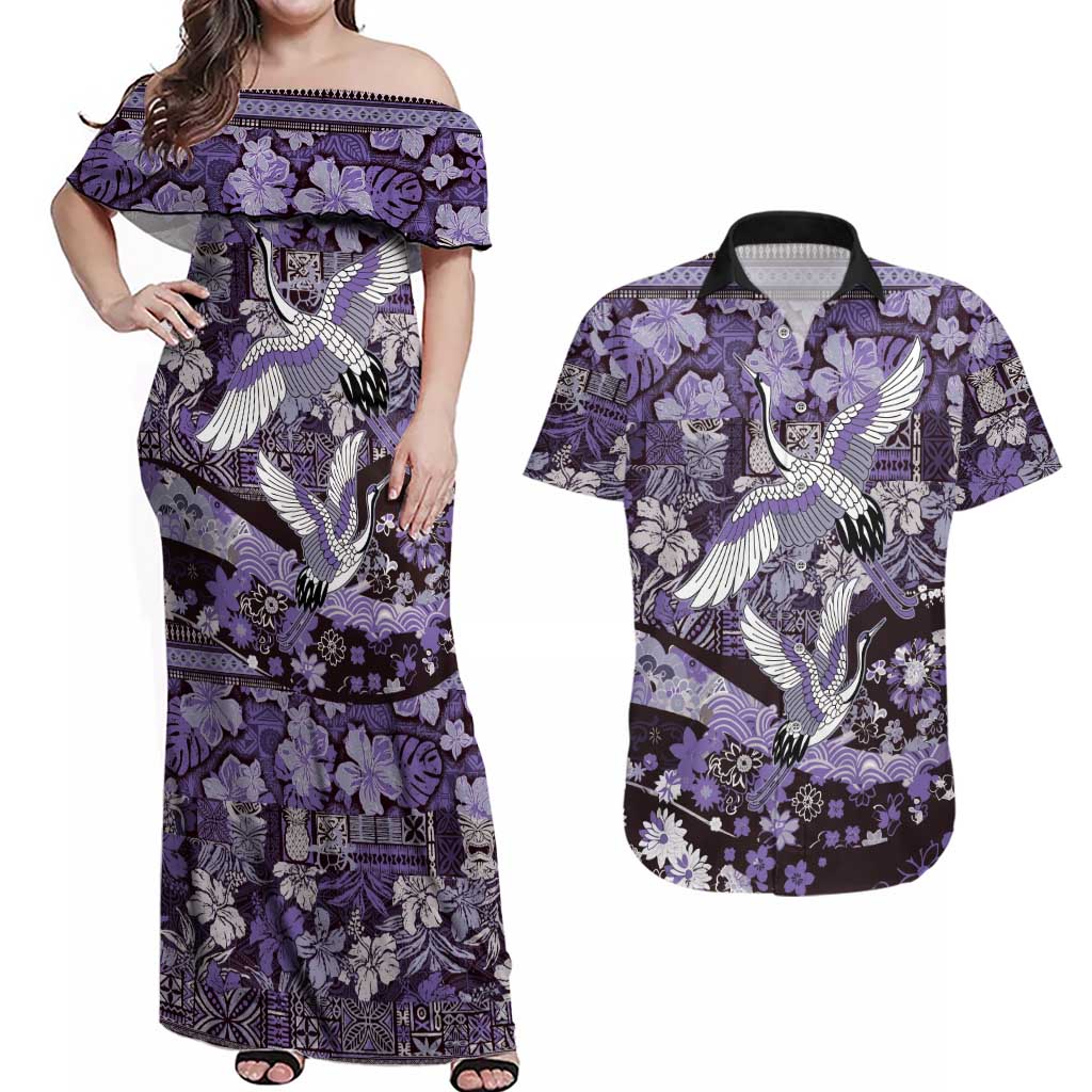 Japanese Hawaiian Crane Couples Matching Off Shoulder Maxi Dress and Hawaiian Shirt Purple Tapa Patchwork Pattern