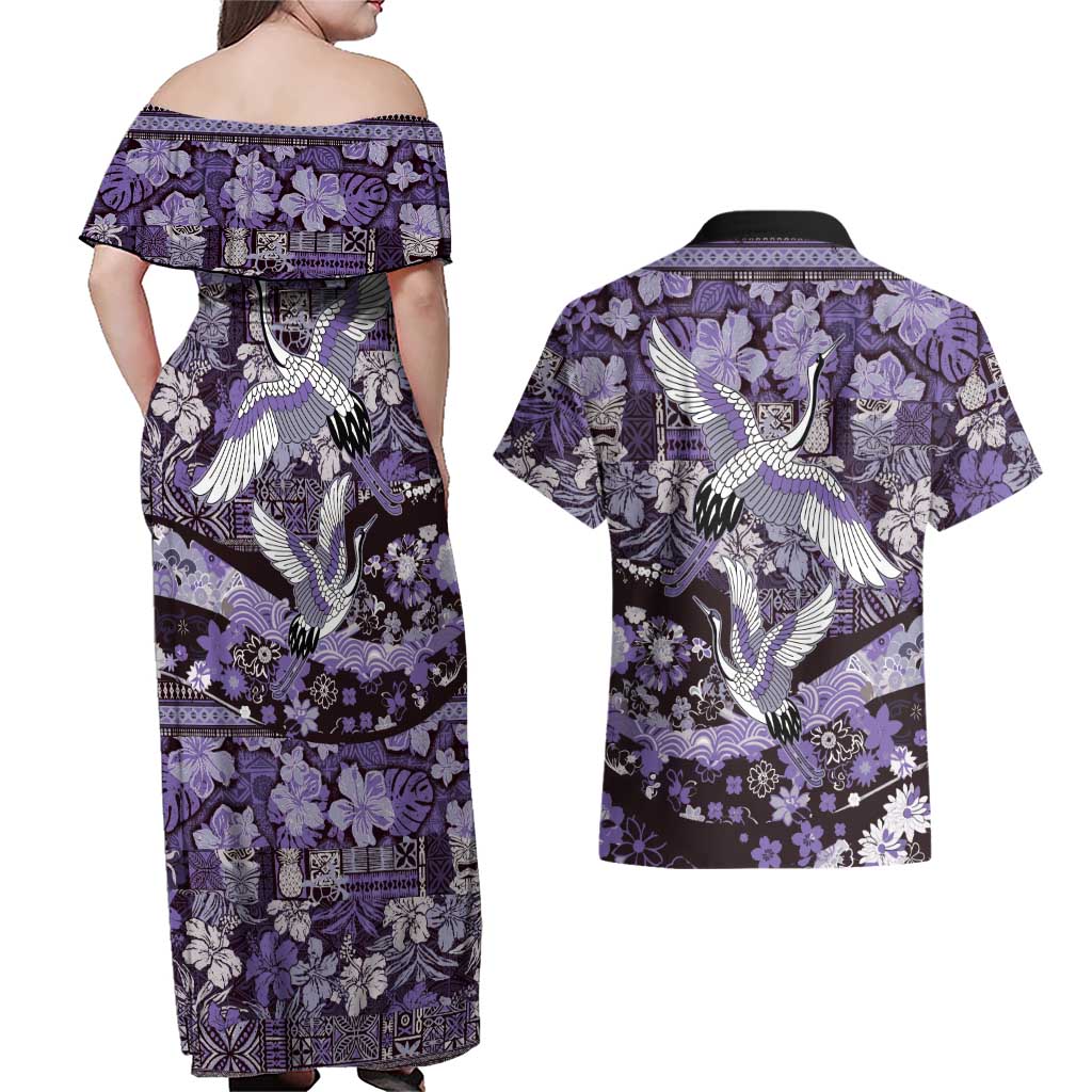 Japanese Hawaiian Crane Couples Matching Off Shoulder Maxi Dress and Hawaiian Shirt Purple Tapa Patchwork Pattern