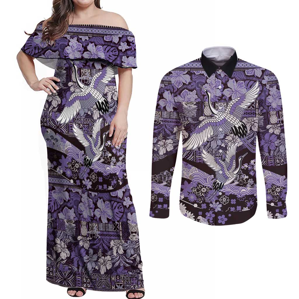 Japanese Hawaiian Crane Couples Matching Off Shoulder Maxi Dress and Long Sleeve Button Shirt Purple Tapa Patchwork Pattern