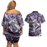 Japanese Hawaiian Crane Couples Matching Off Shoulder Short Dress and Hawaiian Shirt Purple Tapa Patchwork Pattern