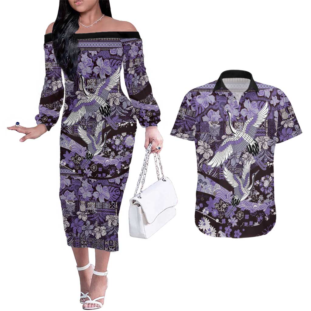 Japanese Hawaiian Crane Couples Matching Off The Shoulder Long Sleeve Dress and Hawaiian Shirt Purple Tapa Patchwork Pattern