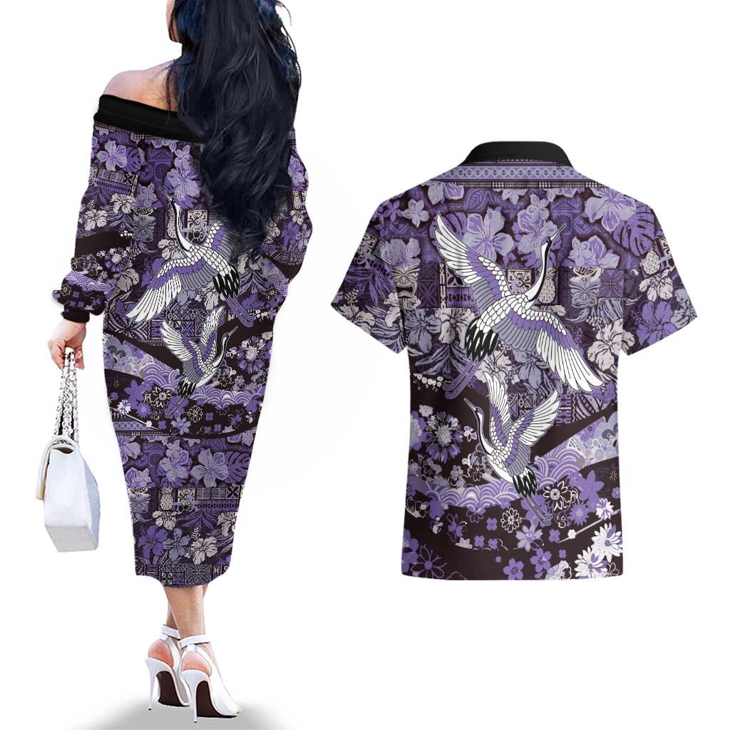 Japanese Hawaiian Crane Couples Matching Off The Shoulder Long Sleeve Dress and Hawaiian Shirt Purple Tapa Patchwork Pattern