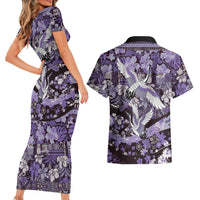Japanese Hawaiian Crane Couples Matching Short Sleeve Bodycon Dress and Hawaiian Shirt Purple Tapa Patchwork Pattern