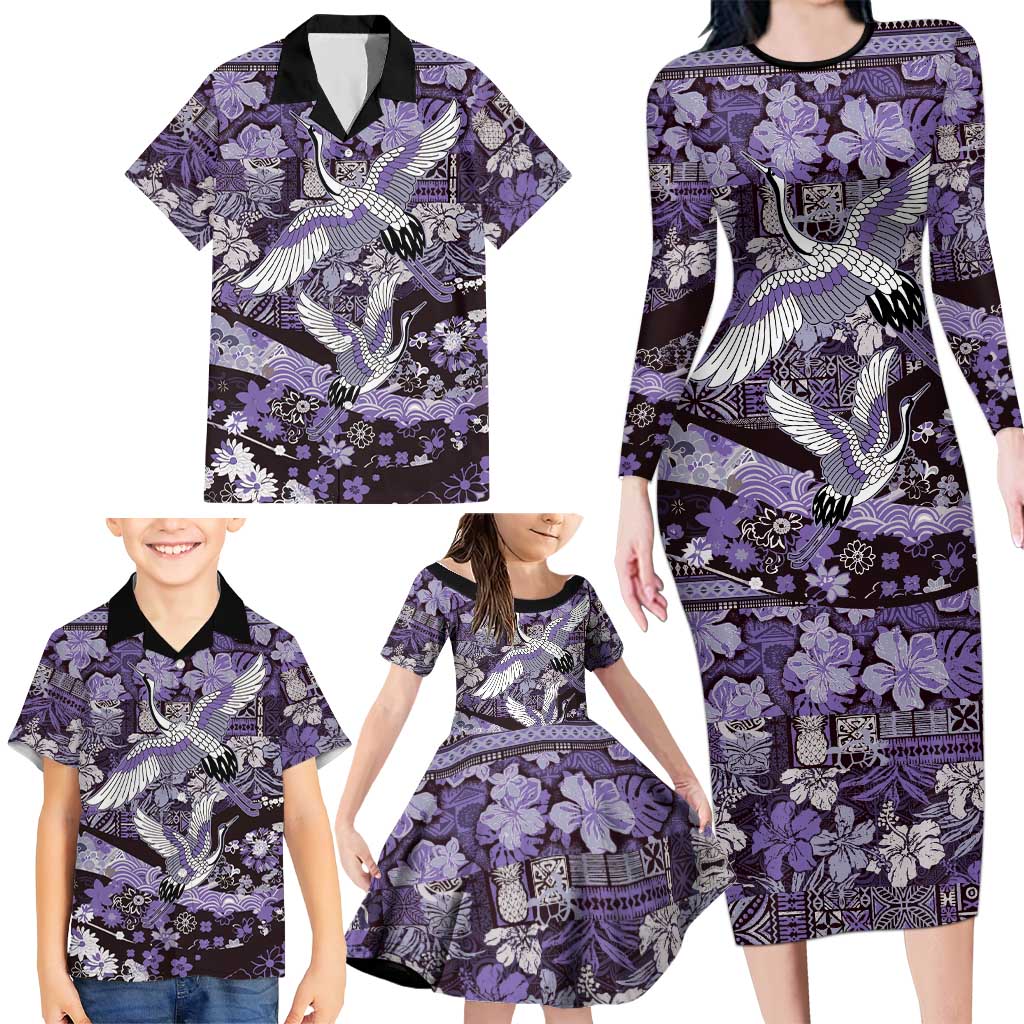 Japanese Hawaiian Crane Family Matching Long Sleeve Bodycon Dress and Hawaiian Shirt Purple Tapa Patchwork Pattern LT9 - Polynesian Pride