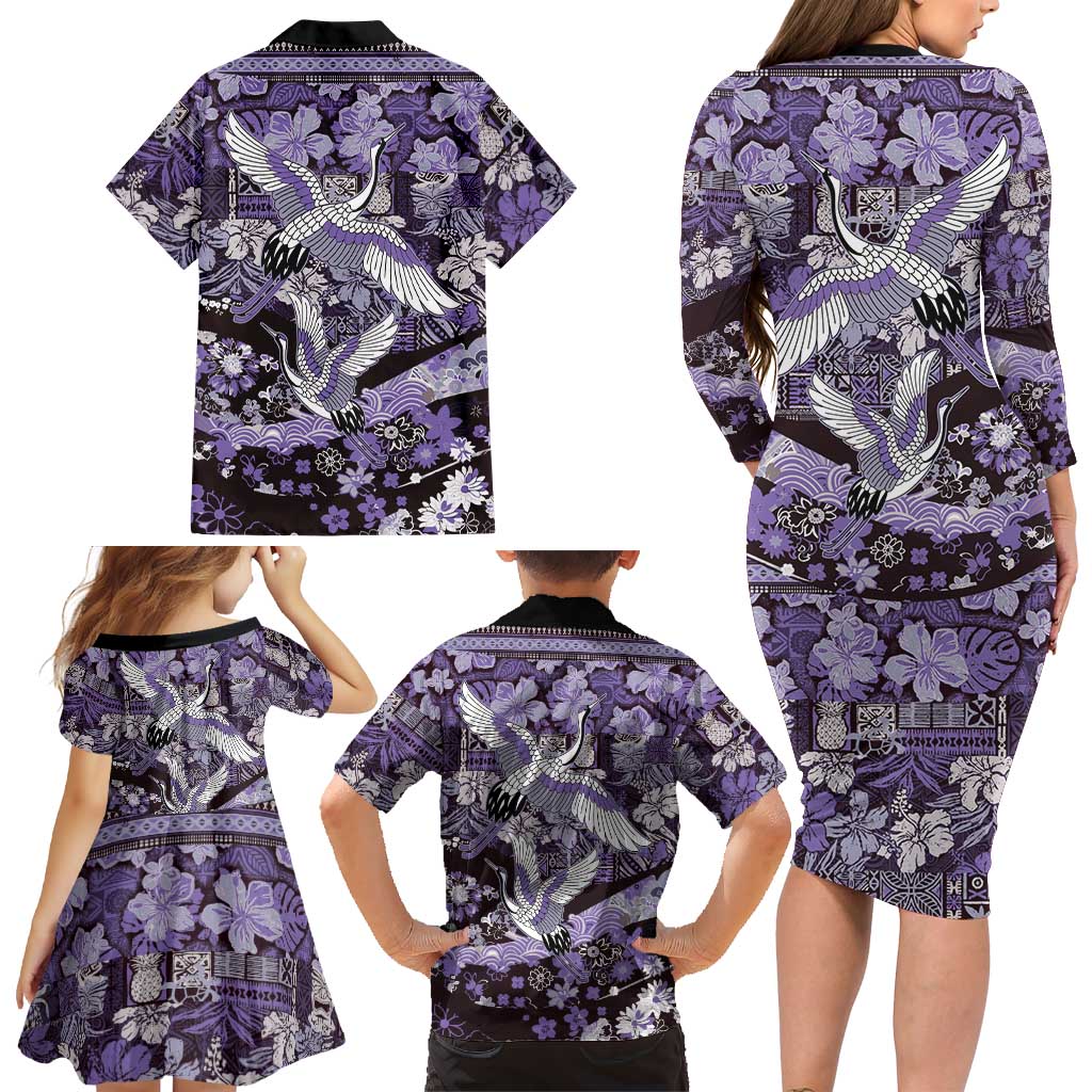 Japanese Hawaiian Crane Family Matching Long Sleeve Bodycon Dress and Hawaiian Shirt Purple Tapa Patchwork Pattern LT9 - Polynesian Pride