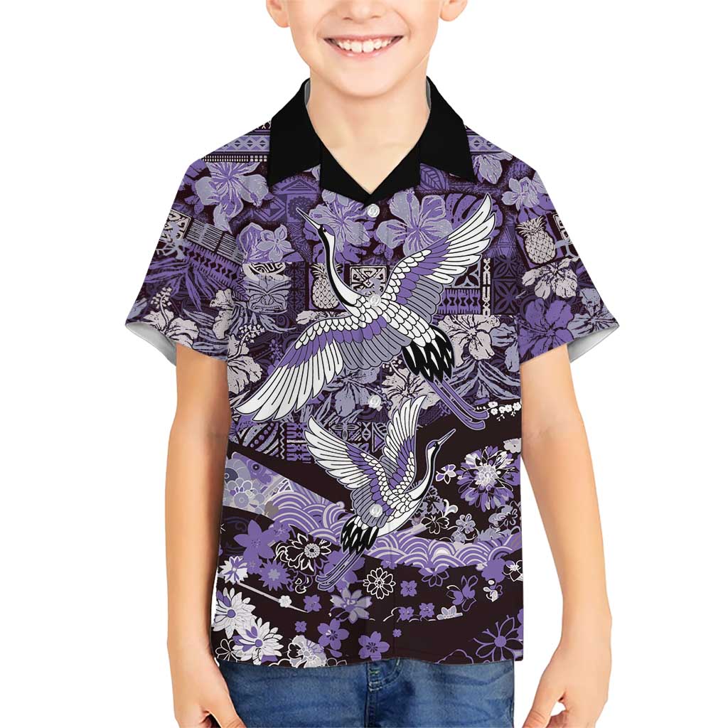 Japanese Hawaiian Crane Family Matching Long Sleeve Bodycon Dress and Hawaiian Shirt Purple Tapa Patchwork Pattern LT9 Son's Shirt Purple - Polynesian Pride