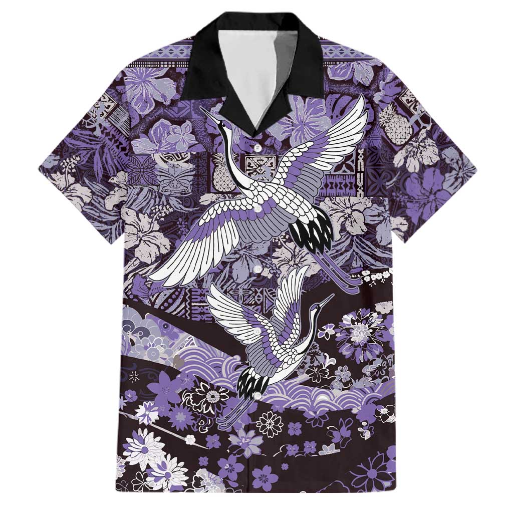 Japanese Hawaiian Crane Family Matching Mermaid Dress and Hawaiian Shirt Purple Tapa Patchwork Pattern LT9 Dad's Shirt - Short Sleeve Purple - Polynesian Pride