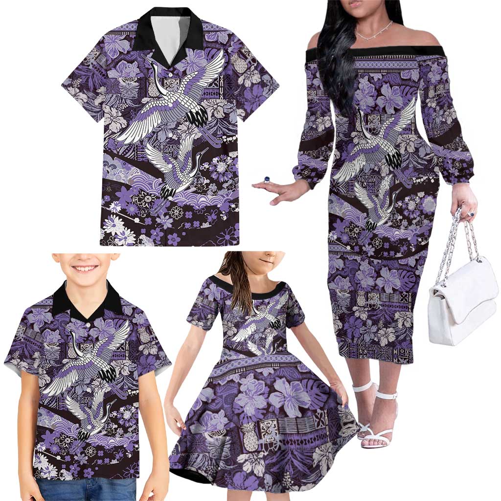 Japanese Hawaiian Crane Family Matching Off The Shoulder Long Sleeve Dress and Hawaiian Shirt Purple Tapa Patchwork Pattern