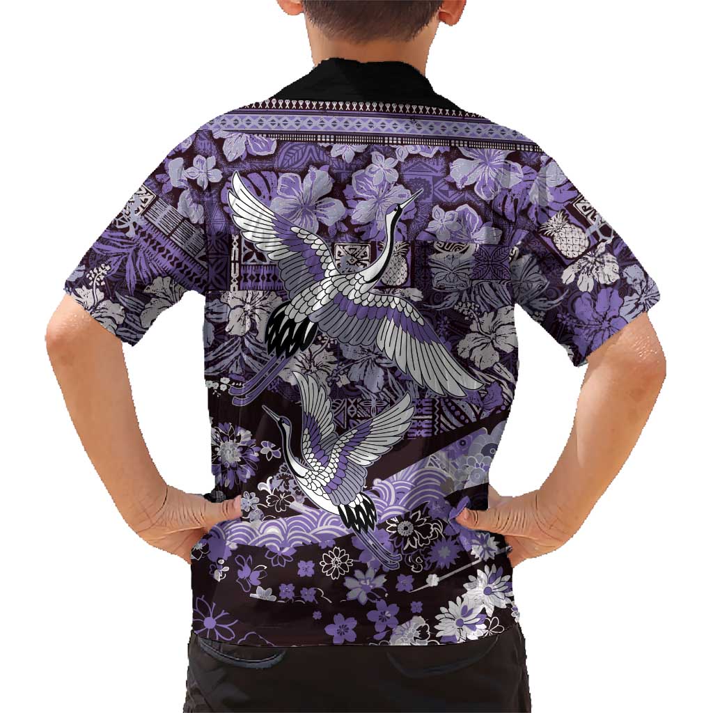 Japanese Hawaiian Crane Family Matching Off Shoulder Maxi Dress and Hawaiian Shirt Purple Tapa Patchwork Pattern LT9 - Polynesian Pride