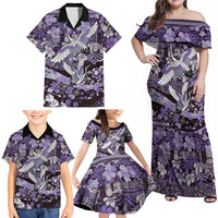 Japanese Hawaiian Crane Family Matching Off Shoulder Maxi Dress and Hawaiian Shirt Purple Tapa Patchwork Pattern LT9 - Polynesian Pride