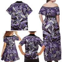Japanese Hawaiian Crane Family Matching Off Shoulder Maxi Dress and Hawaiian Shirt Purple Tapa Patchwork Pattern LT9 - Polynesian Pride